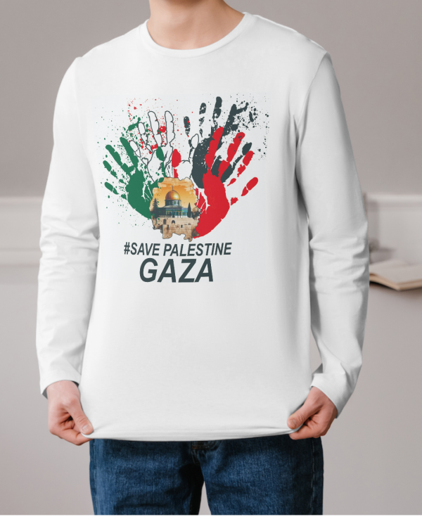 kaos palestina lengan panjan warna putih save palestine gaza