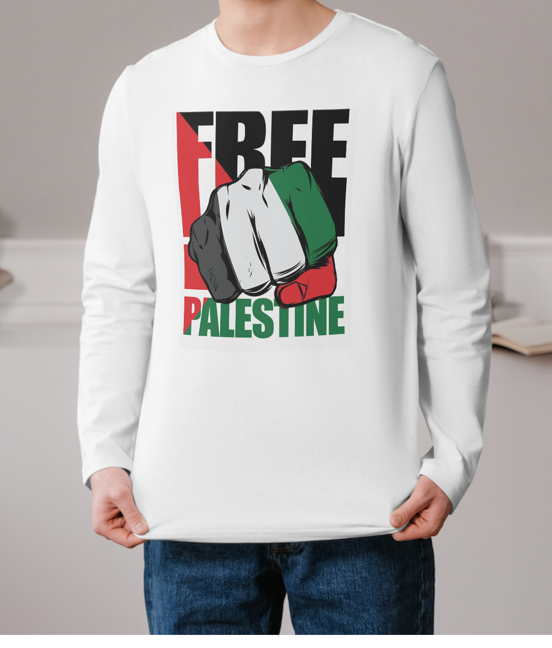 kaos palestina lengan panjang warna putih free palestine