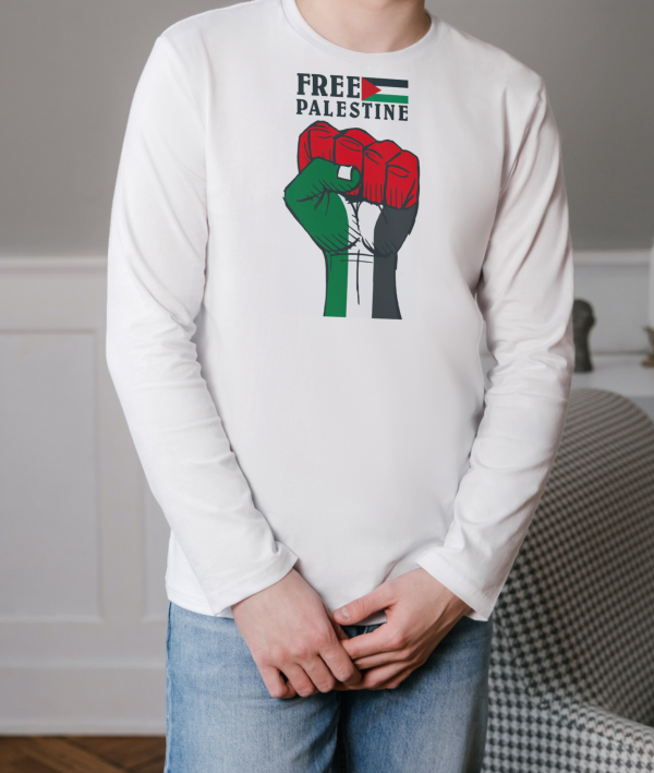kaos palestina lengan panjang warna putih freedom palestine