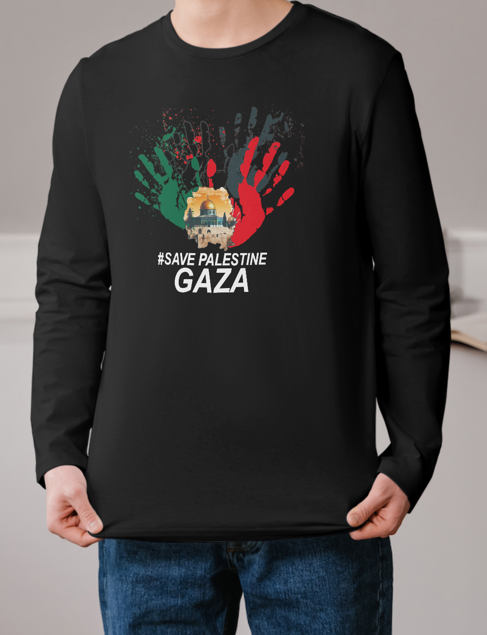 kaos palestina lengan panjang warna hitam save palestine gaza